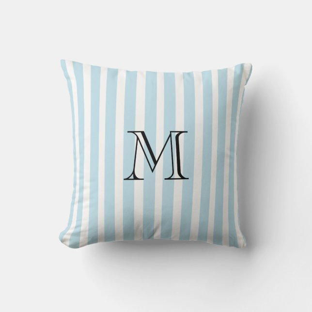 Throw Pillow Striped White Blue  Custom Monogram (Front)