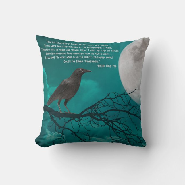 Throw Pillow, The Raven In Green With Poe Poem Cushion (Front)