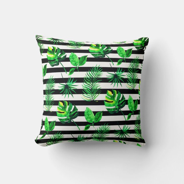 Throw Pillow-Tropical Leaves with Stripes Cushion (Front)