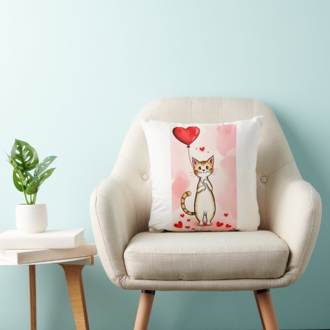 Throw Pillow Valentine's Day Cat Red Hearts (Chair)