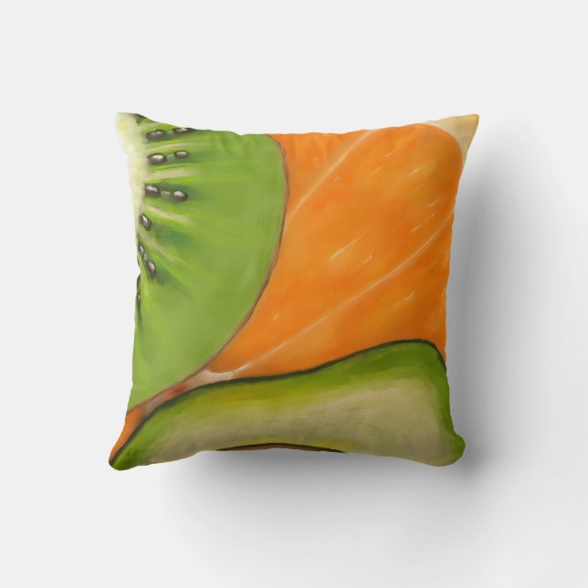 Throw pillow with avocado, orange and kiwi. (Back)
