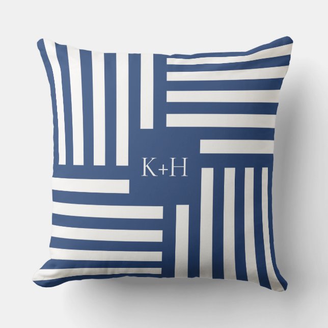 Throw Pillow with Blue White Stripes Wedding Gift (Front)