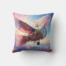 Throw pillow with fantastical wing with clock face