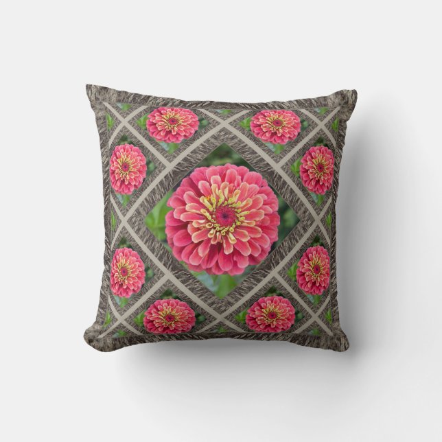 Throw Pillow with Lovely Pink Zinnias (Front)