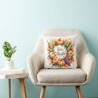 Throw Pillow with Pumpkin and Corn Wreath