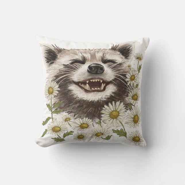 Throw Pillow with the print of a happy racoon (Front)