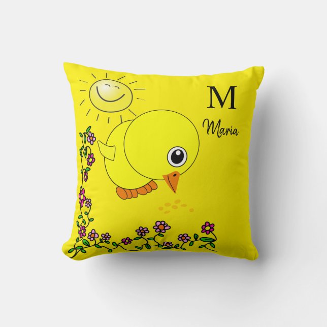 Throw Pillow Yellow Chick Floral Two Tone Green (Front)