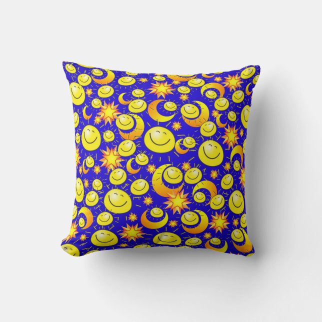 Throw Pillow Yellow Sun Moon Stars Blue (Front)