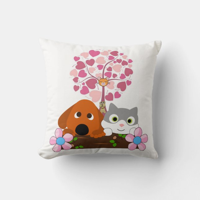 Throw Pillows Dog Cat Floral Heart Tree (Front)