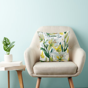 Throw Pillows White Lily Yellow Butterfly