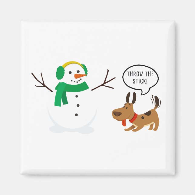 Throw The Stick Snowman & Dog Cute Funny Christmas Magnet (Front)