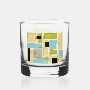 Throwback Aqua Blue Yellow Rectangles Mid Century Whiskey Glass