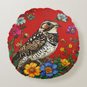 Thrush Bird Wildflowers on Red Backdrop Round Cushion