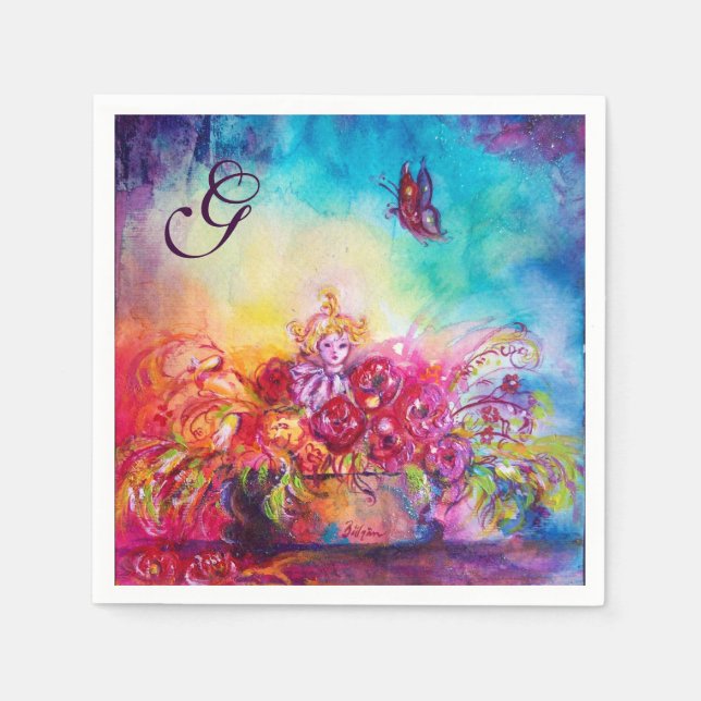 THUMBELINA,FLOWER BASKET AND BUTTERFLY MONOGRAM NAPKIN (Front)