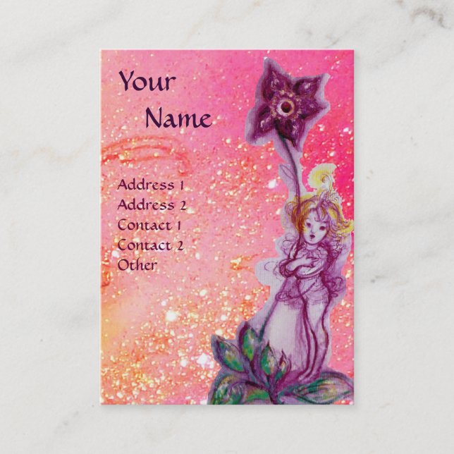 THUMBELINA, PURPLE FLOWER IN PINK FUCHSIA SPARKLES BUSINESS CARD (Front)