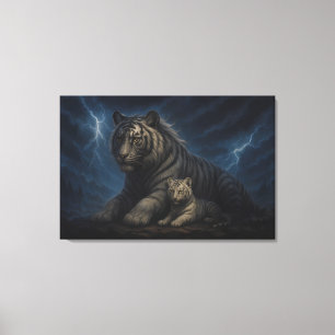 Thunderstorm Guardian White Tiger & Cub – Fantasy  Canvas Print
