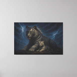 Thunderstorm Guardian White Tiger & Cub – Fantasy Canvas Print