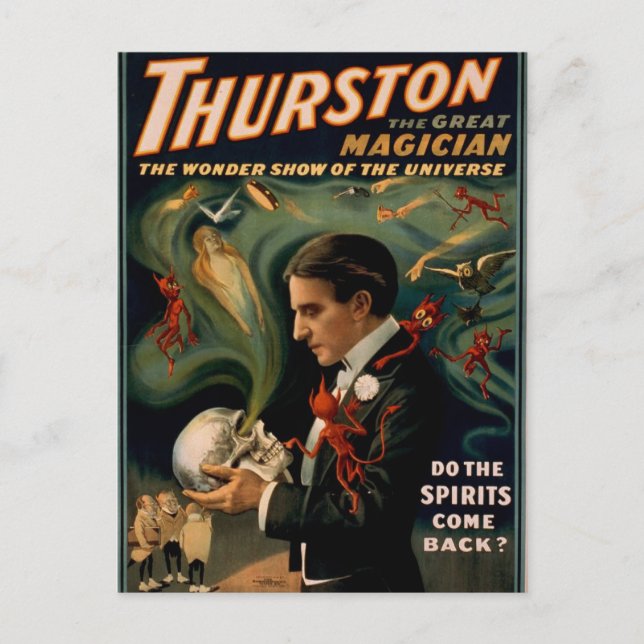 Thurston's, 'Do the spirits come back?' Retro Thea Postcard (Front)