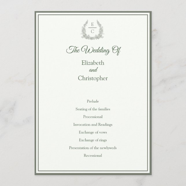 Thyme Green Crest Monogram Wedding Ceremony Programme (Front)