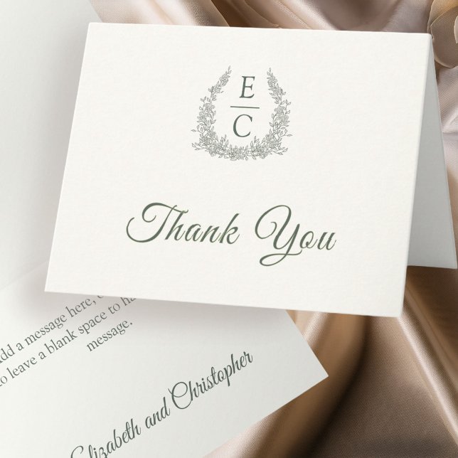 Thyme Green Monogram Crest Thank You Note Card (Creator Uploaded)
