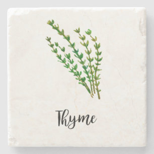 Thyme Herb Watercolor Painting Word Art Stone Coaster