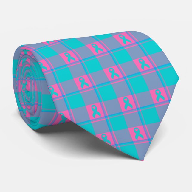 Thyroid Cancer Awareness Plaid Teal Ribbon Tie (Rolled)