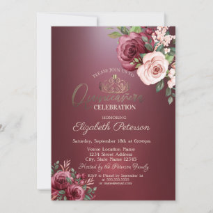Tiara, Burgundy Roses Flowers Quinceañera Invitation