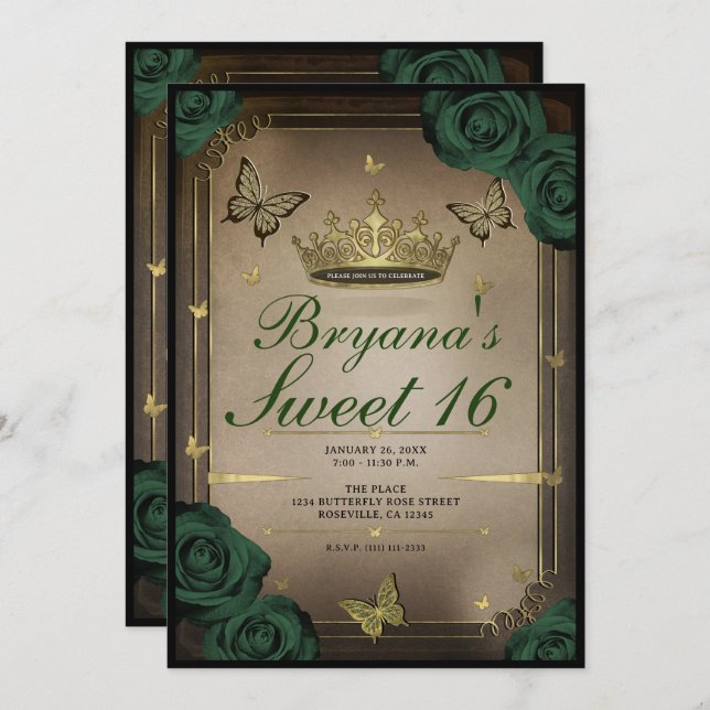 Tiara Butterflies Emerald Green Roses Sweet 16  Invitation (Front/Back)