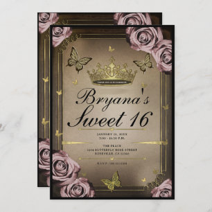 Tiara Butterflies Pale Pink Roses Sweet 16 Photo Invitation