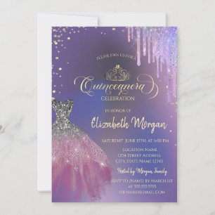 Tiara,Chic Dress Drips Violet Quinceañera Invitation
