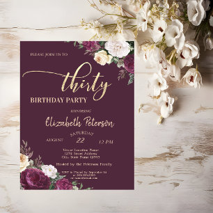 Tiara,Confetti Burgundy Floral 30th Birthday Party Invitation