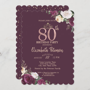 Tiara,Confetti Burgundy Floral 80th Birthday Invitation