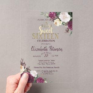 Tiara,Confetti Burgundy Floral Sweet 16 Party Acrylic Invitations
