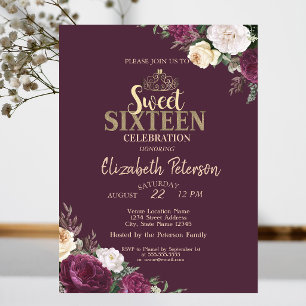 Tiara,Confetti Burgundy Floral Sweet 16 Party Invitation