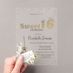 Tiara,Confetti,Eiffel Tower Roses Sweet 16 Acrylic Invitations
