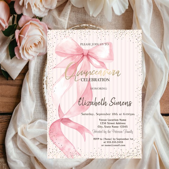 Tiara,Confetti,Pink Bow Striped Sweet 16 Invitation (Creator Uploaded)