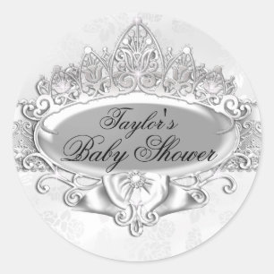 Tiara & Damask Silver Baby Shower Sticker
