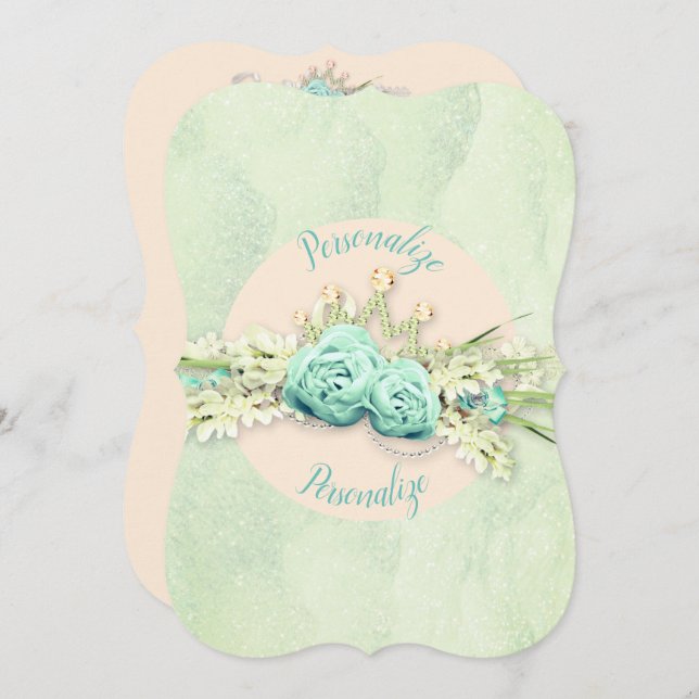 Tiara diamond floral and lace mint cream teal invitation (Front/Back)