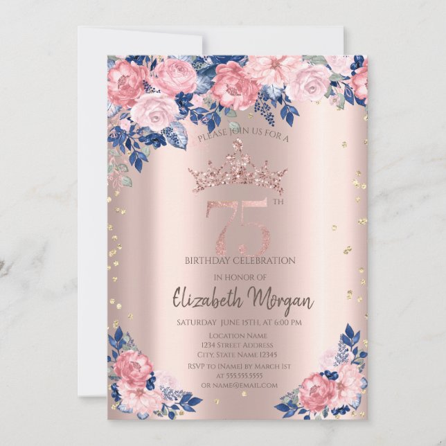 Tiara Diamonds Blue Roses Rose Gold 75th Birthday Invitation (Front)