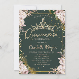 Tiara,Diamonds Boho Flowers Green Quinceañera  Invitation