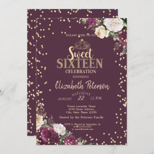 Tiara,Diamonds Burgundy Floral Sweet 16 Party Invitation