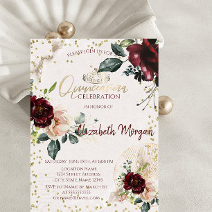Tiara,Diamonds Burgundy Roses Quinceañera Invitation