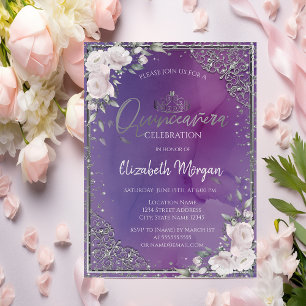 Tiara,Diamonds Frame Flowers Violet Quinceañera Invitation