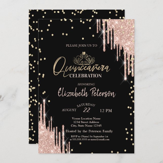 Tiara, Diamonds Glitter Drips  Quinceañera Invitation (Front/Back)