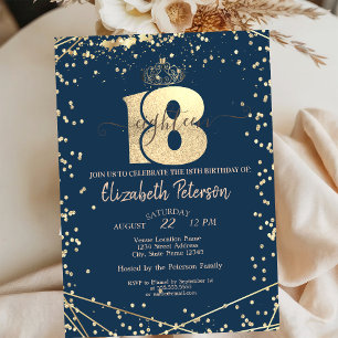 Tiara,Diamonds Navy Blue Gold 18th Birthday Party Invitation