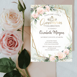 Tiara,Diamonds,Roses Watercolor Green Quinceañera Invitation