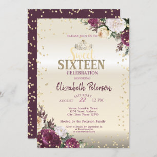 Tiara,Floral Diamonds Burgundy Sweet 16 Party Invitation