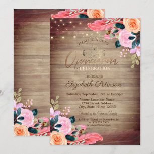 Tiara, Floral Feather Wood Quinceañera Invitation