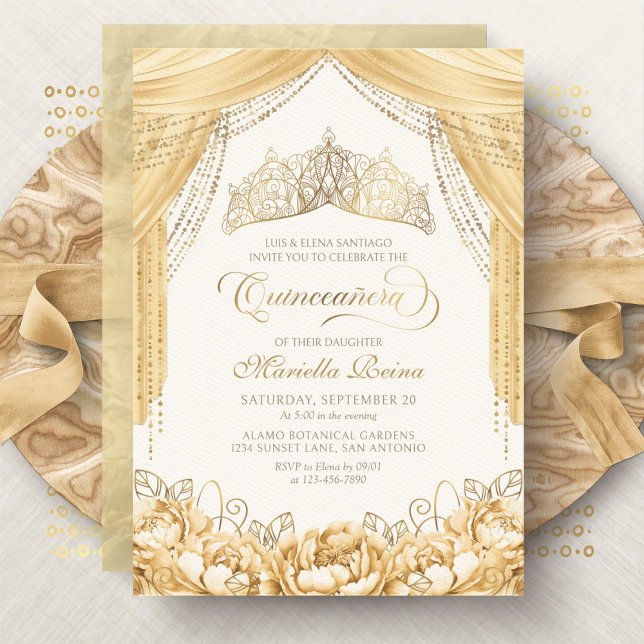 Tiara Floral Gold Yellow Modern Quinceanera Invitation (Creator Uploaded)