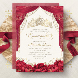 Tiara Floral Red Modern Quinceanera Invitation